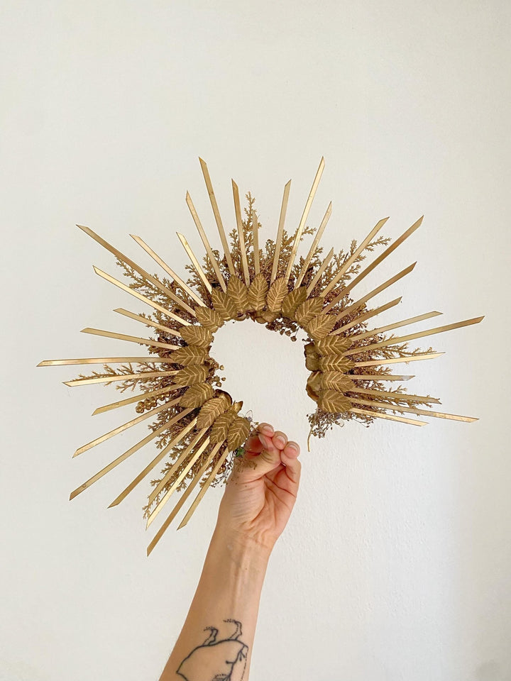 Gold & Purple Halo Crown: Crystal Bead Spiked Sun Ray Crown – handmade floral hair accessory by magaela