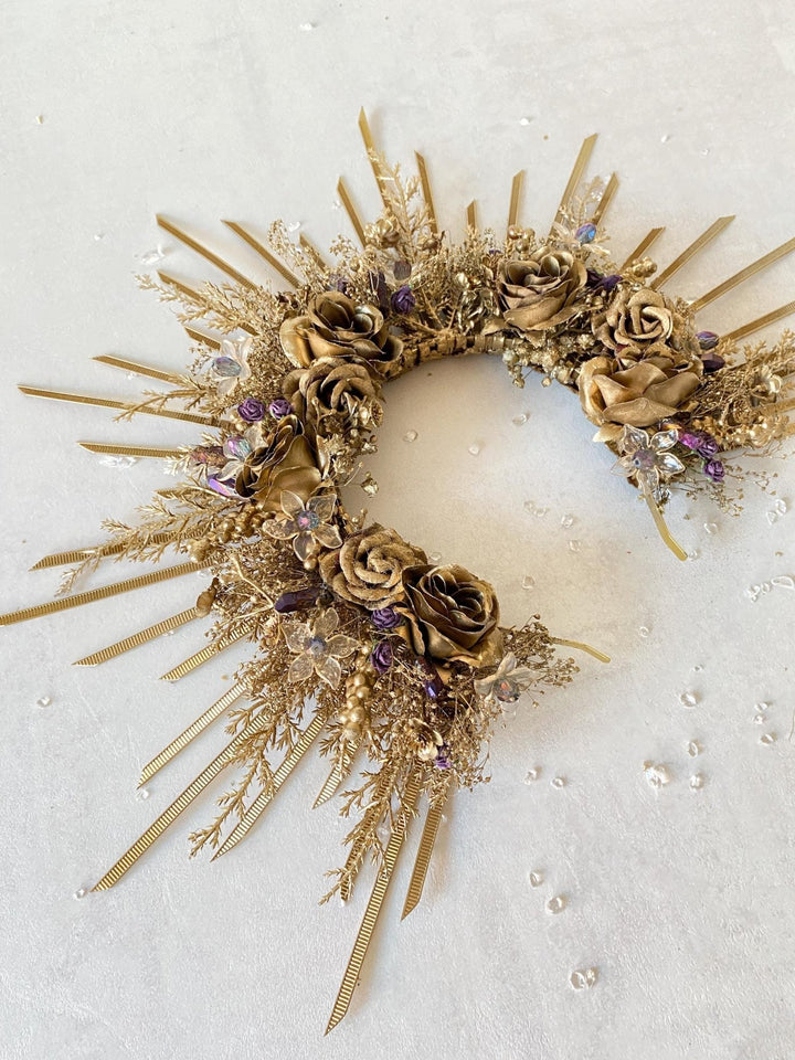 Gold & Purple Halo Crown: Crystal Bead Spiked Sun Ray Crown – handmade floral hair accessory by magaela