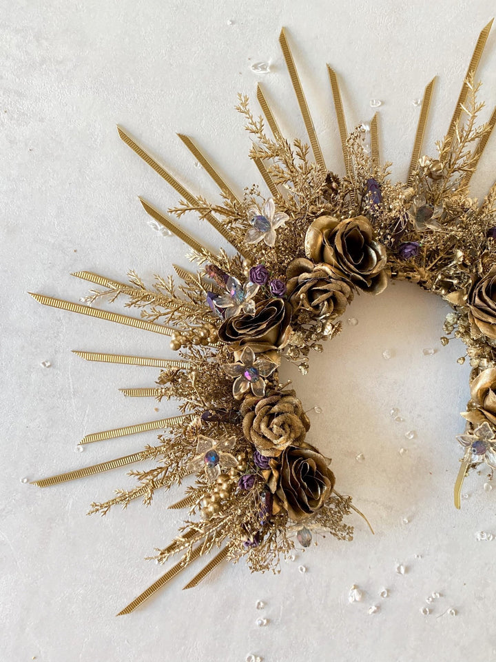 Gold & Purple Halo Crown: Crystal Bead Spiked Sun Ray Crown – handmade floral hair accessory by magaela