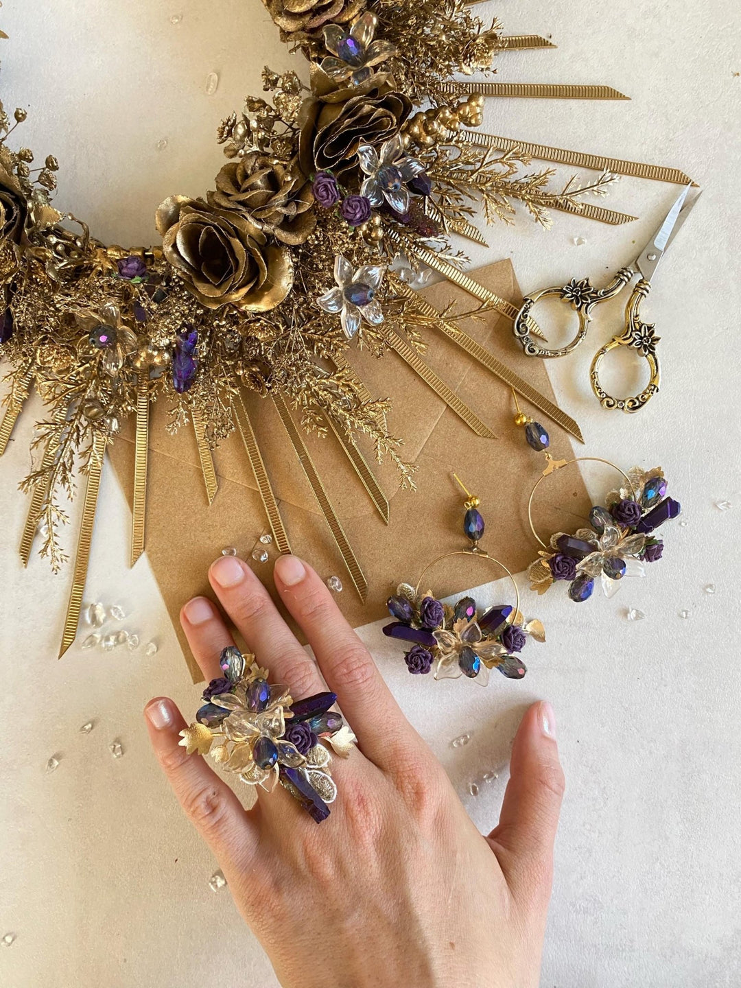 Gold & Purple Halo Crown: Crystal Bead Spiked Sun Ray Crown – handmade floral hair accessory by magaela