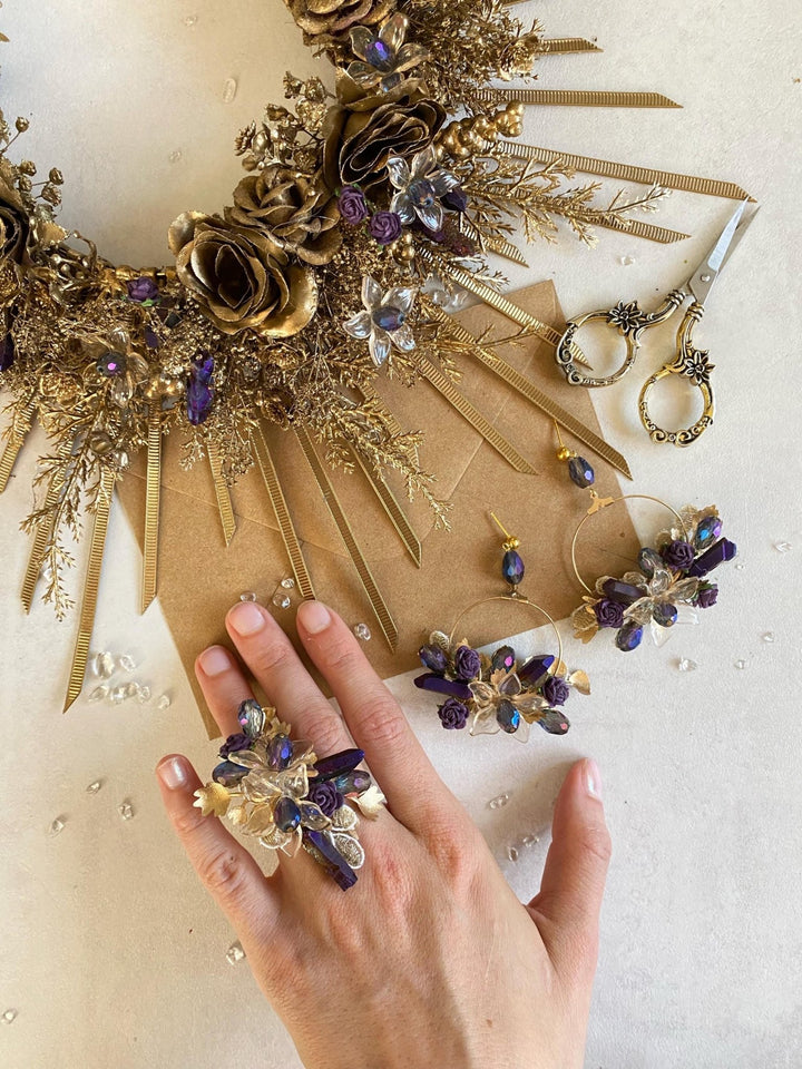 Gold & Purple Halo Crown: Crystal Bead Spiked Sun Ray Crown – handmade floral hair accessory by magaela