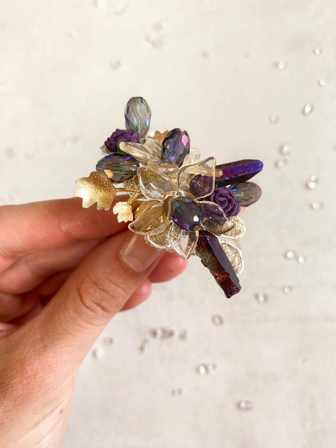 Glam Flower Ring: Purple, Gold, Crystals & Lace – handmade floral hair accessory by magaela