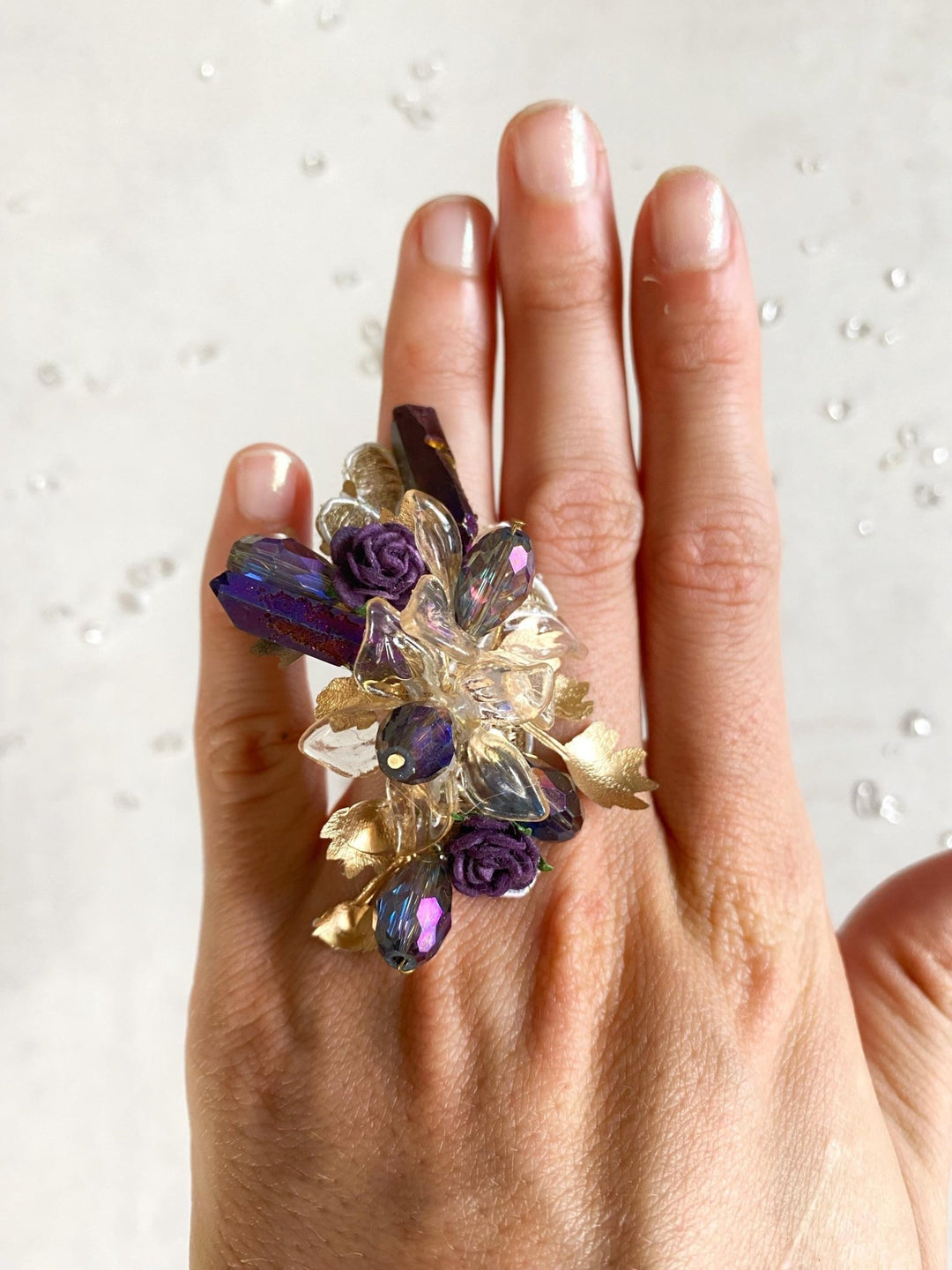Glam Flower Ring: Purple, Gold, Crystals & Lace – handmade floral hair accessory by magaela
