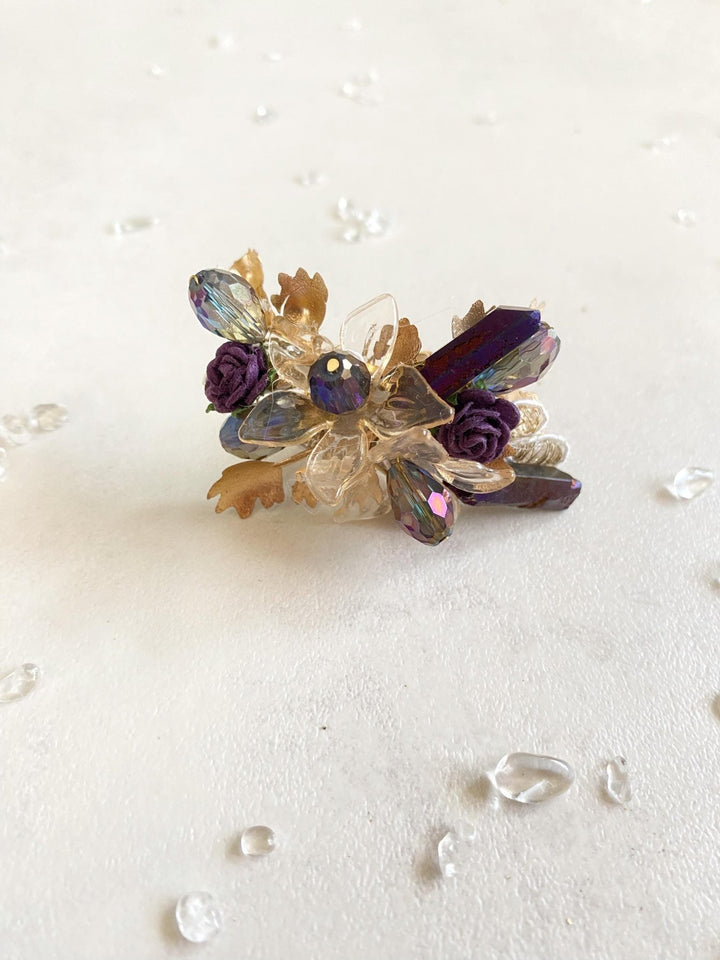 Glam Flower Ring: Purple, Gold, Crystals & Lace – handmade floral hair accessory by magaela