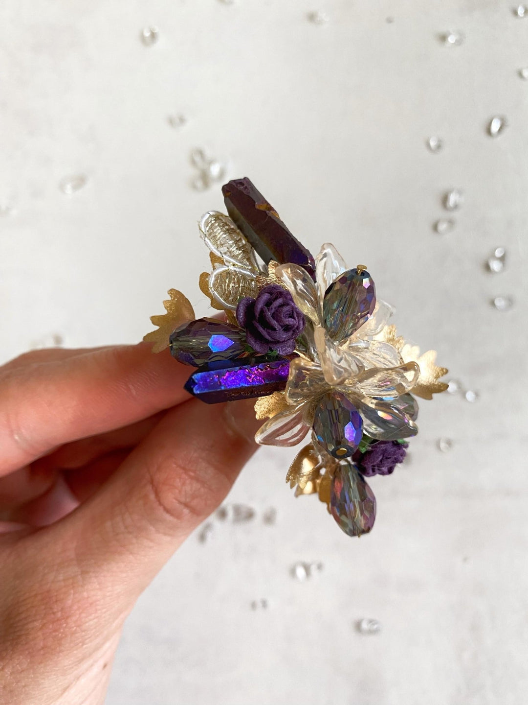 Glam Flower Ring: Purple, Gold, Crystals & Lace – handmade floral hair accessory by magaela