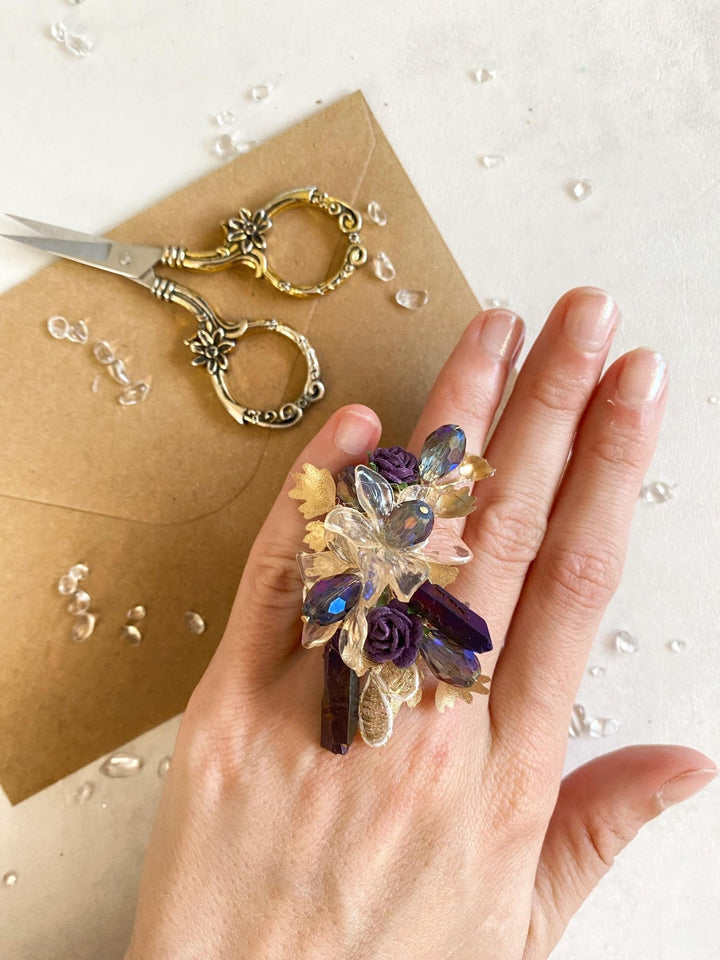 Glam Flower Ring: Purple, Gold, Crystals & Lace – handmade floral hair accessory by magaela
