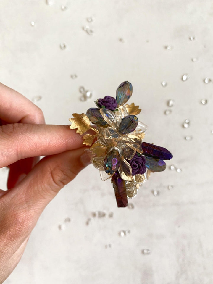 Glam Flower Ring: Purple, Gold, Crystals & Lace – handmade floral hair accessory by magaela