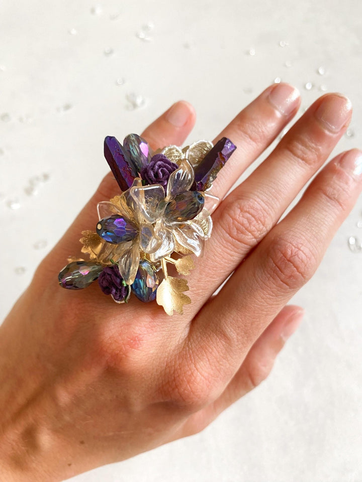 Glam Flower Ring: Purple, Gold, Crystals & Lace – handmade floral hair accessory by magaela