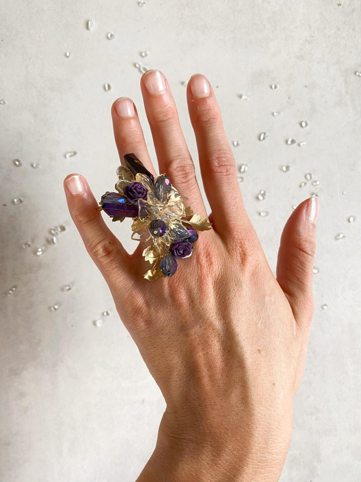 Glam Flower Ring: Purple, Gold, Crystals & Lace – handmade floral hair accessory by magaela