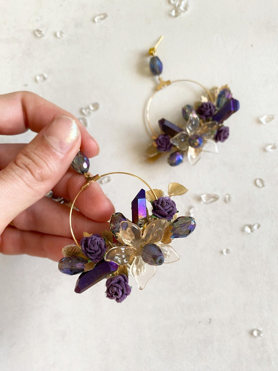 Purple & Gold Crystal Flower Earrings: Glam Bridal Jewelry – handmade floral hair accessory by magaela