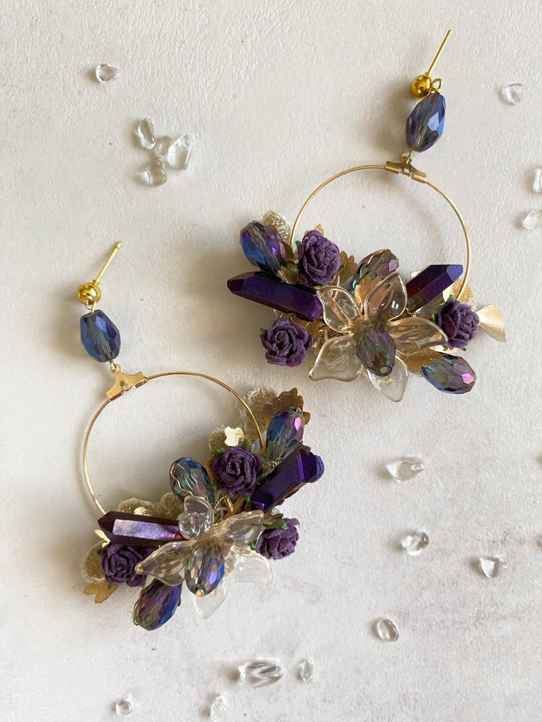Purple & Gold Crystal Flower Earrings: Glam Bridal Jewelry – handmade floral hair accessory by magaela