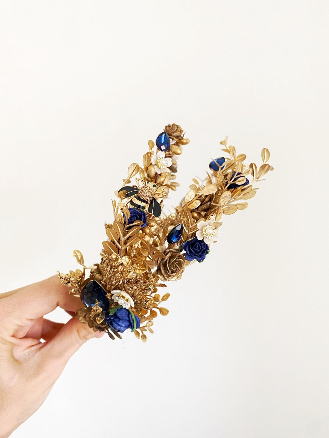 Royal Blue & Gold Flower Crown: Glam Wedding Tiara – handmade floral hair accessory by magaela