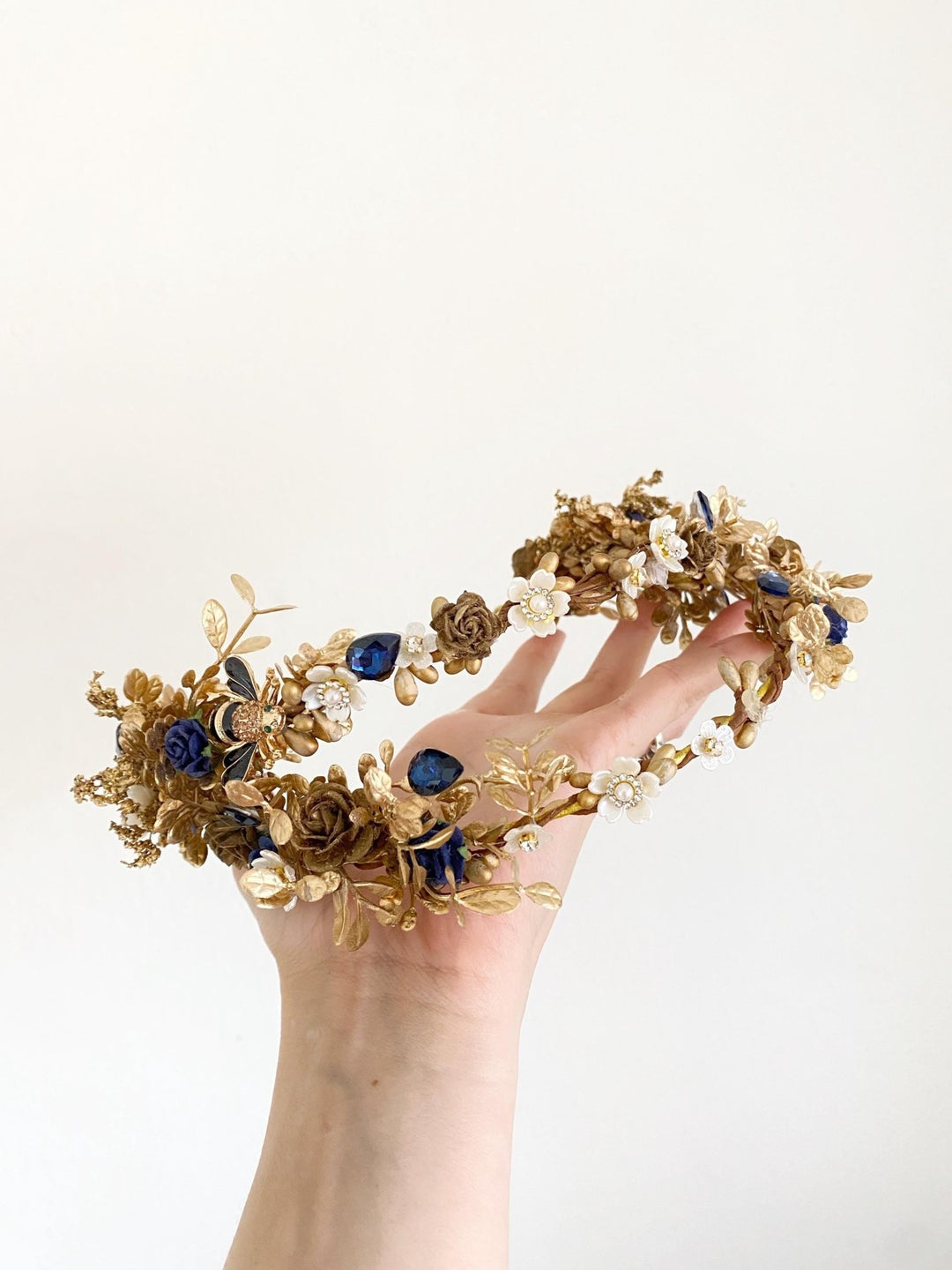 Royal Blue & Gold Flower Crown: Glam Wedding Tiara – handmade floral hair accessory by magaela