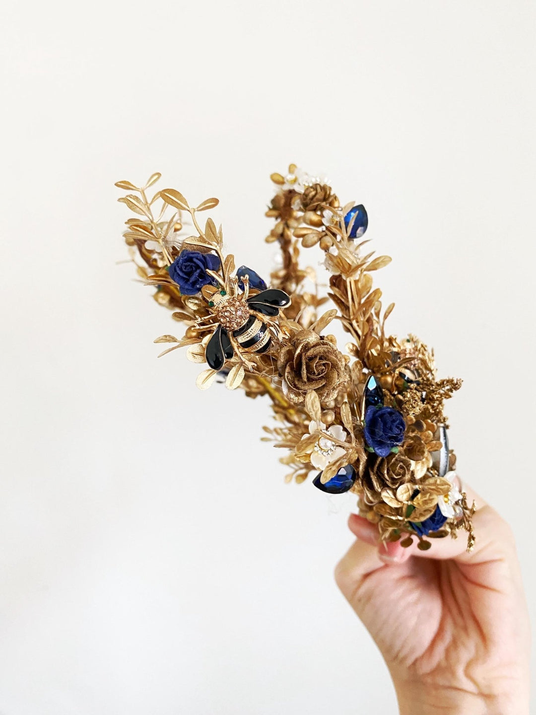 Royal Blue & Gold Flower Crown: Glam Wedding Tiara – handmade floral hair accessory by magaela