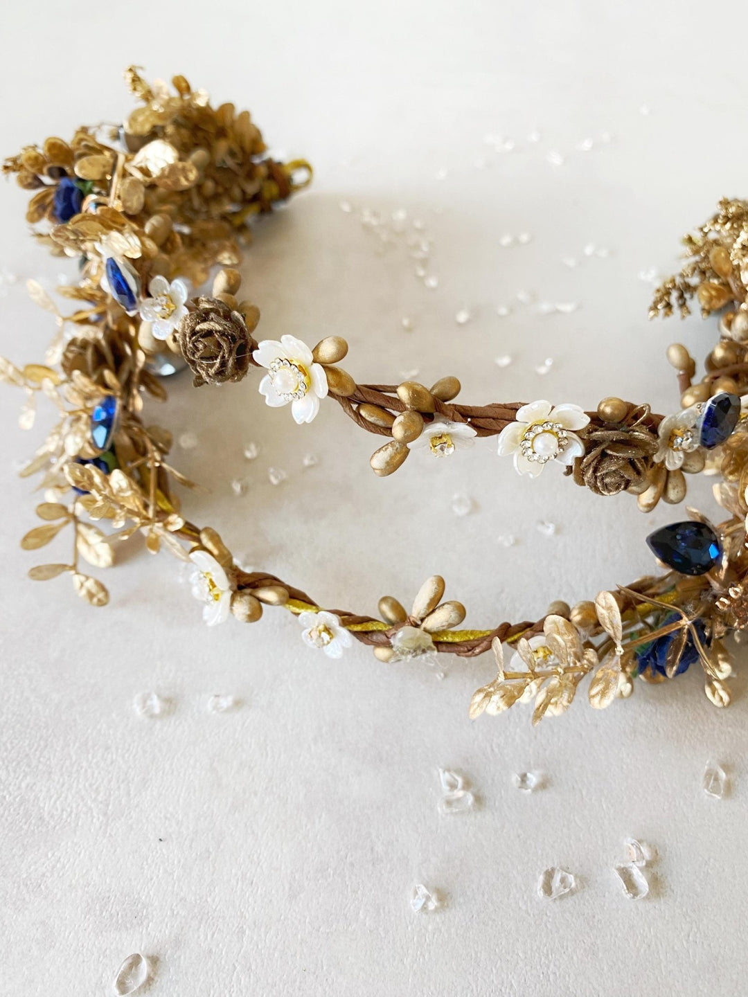 Royal Blue & Gold Flower Crown: Glam Wedding Tiara – handmade floral hair accessory by magaela
