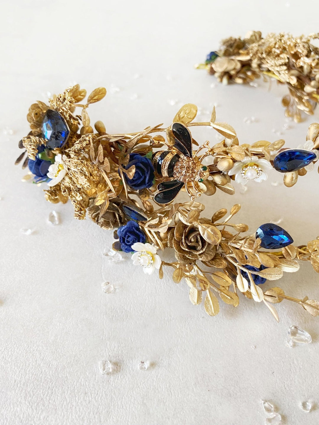 Royal Blue & Gold Flower Crown: Glam Wedding Tiara – handmade floral hair accessory by magaela