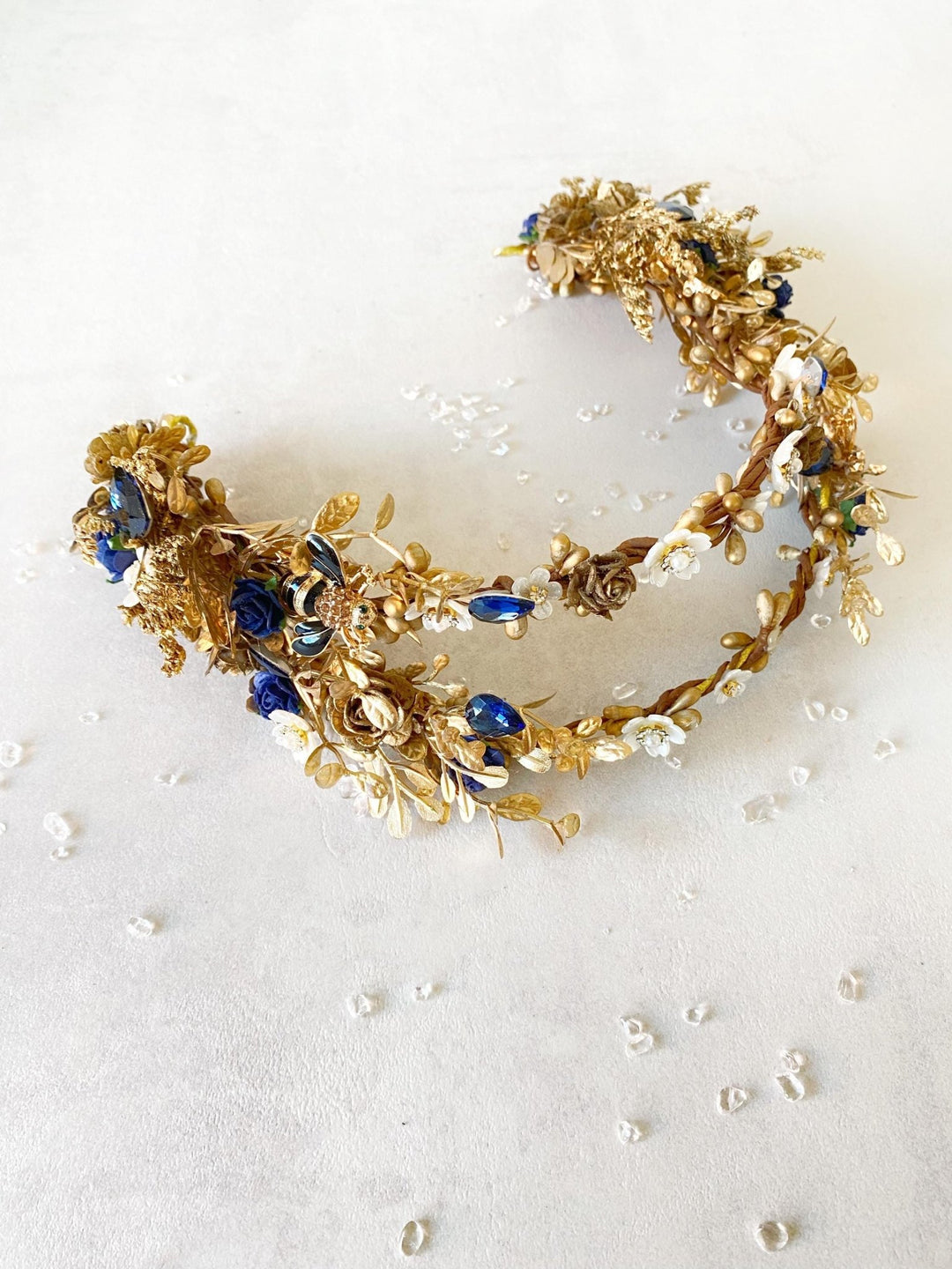Royal Blue & Gold Flower Crown: Glam Wedding Tiara – handmade floral hair accessory by magaela