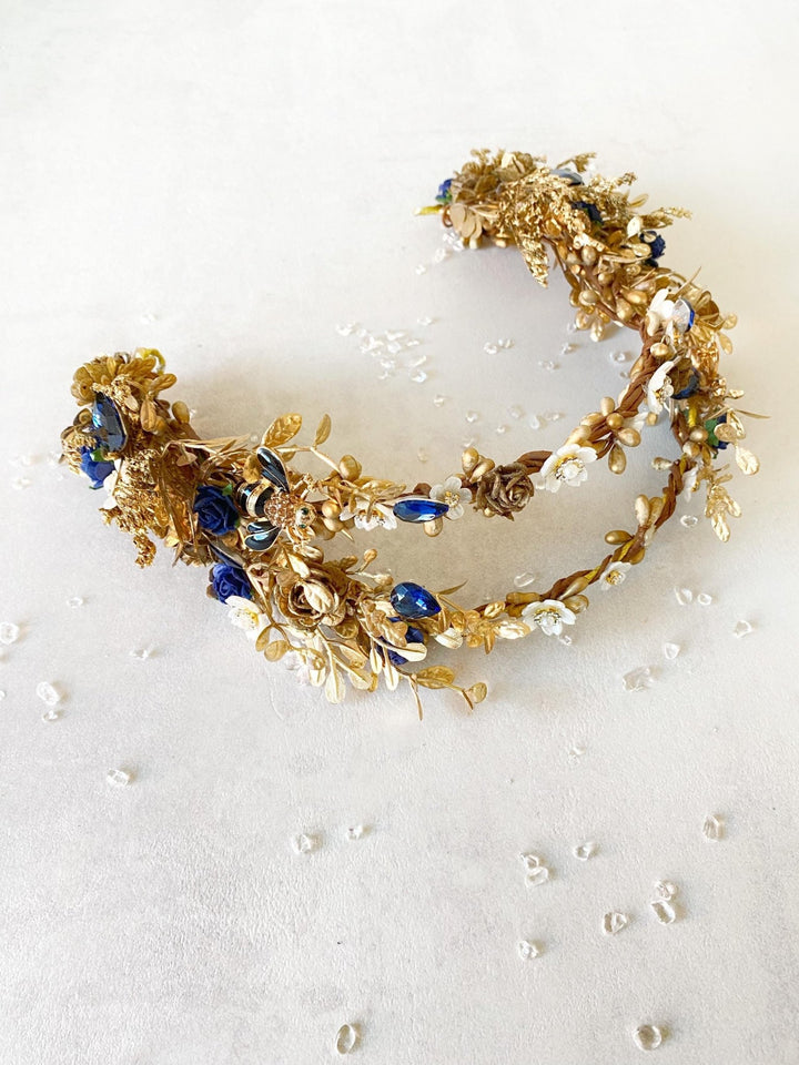Royal Blue & Gold Flower Crown: Glam Wedding Tiara – handmade floral hair accessory by magaela