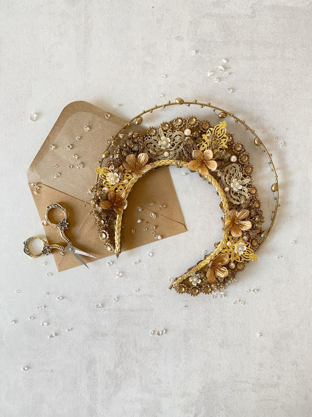 Luxury Golden Bridal Crown: Couture Flower Hair Jewelry – handmade floral hair accessory by magaela