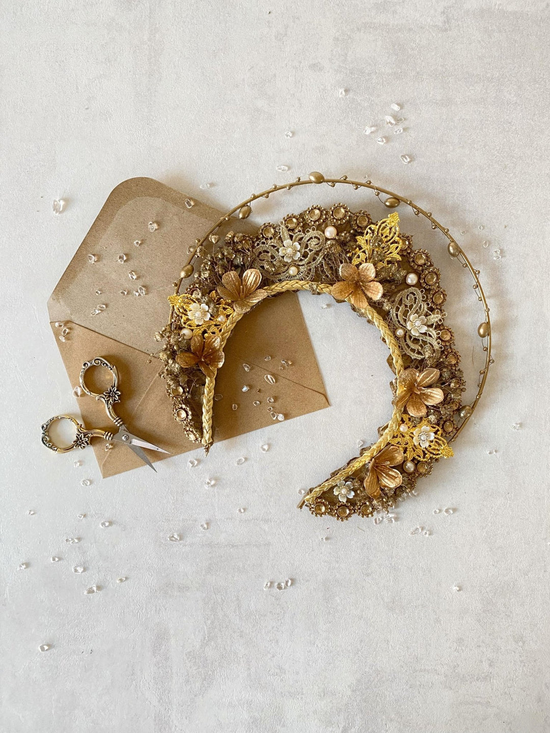 Luxury Golden Bridal Crown: Couture Flower Hair Jewelry – handmade floral hair accessory by magaela