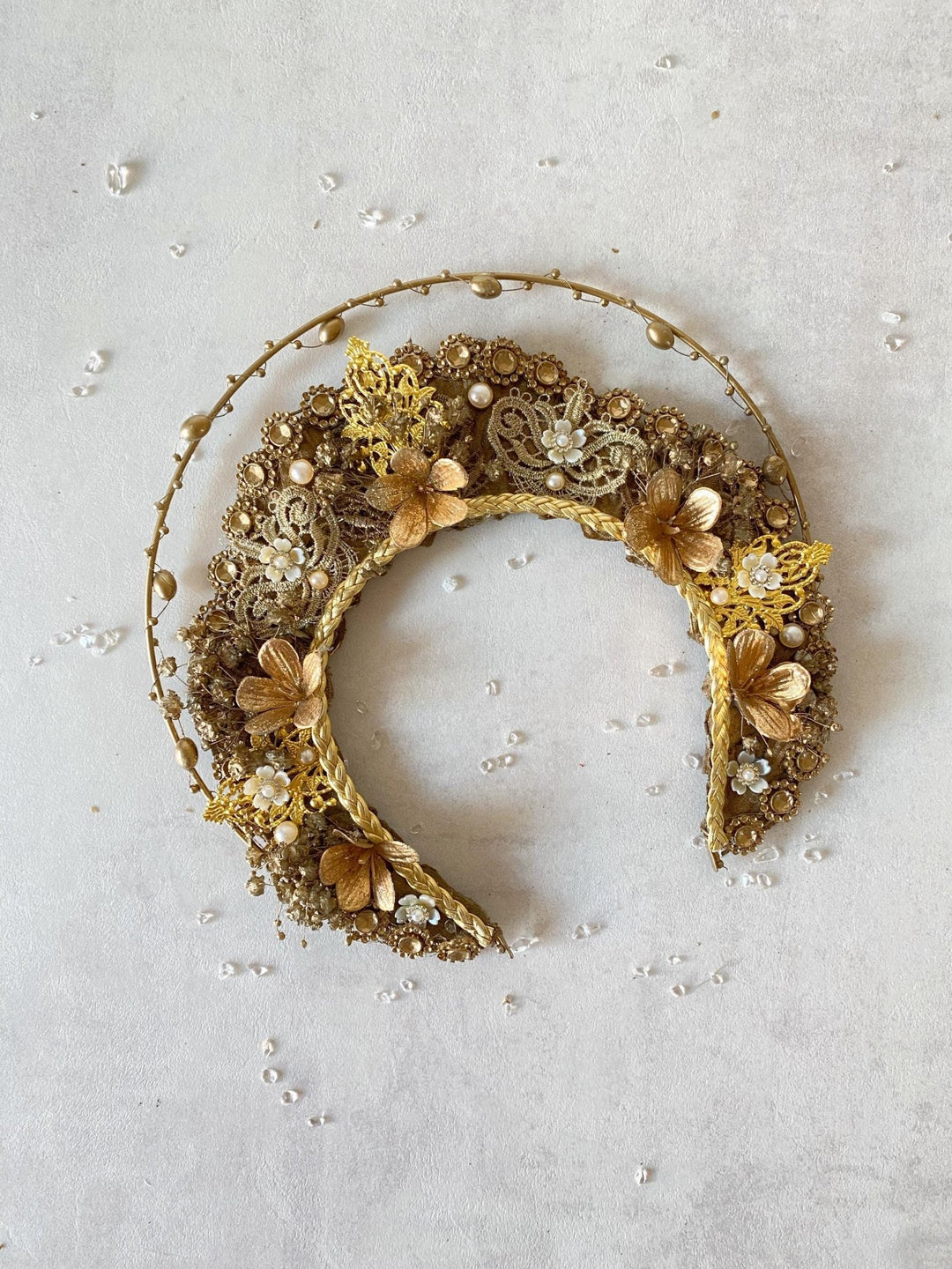Luxury Golden Bridal Crown: Couture Flower Hair Jewelry – handmade floral hair accessory by magaela