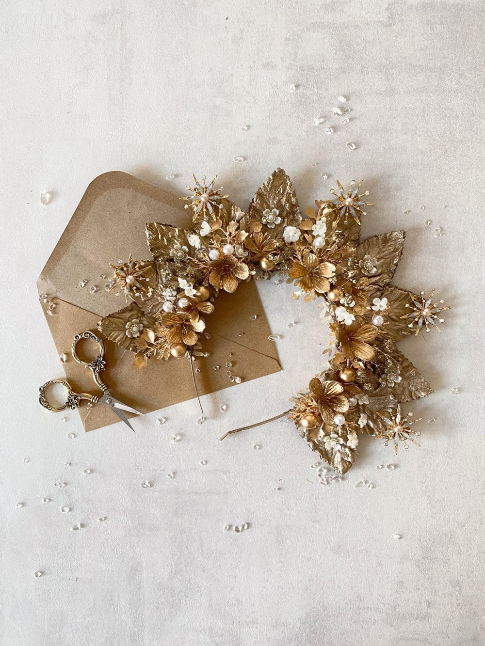 Gold Halo Crown: Luxury Bridal Headpiece, Couture Wedding – handmade floral hair accessory by magaela