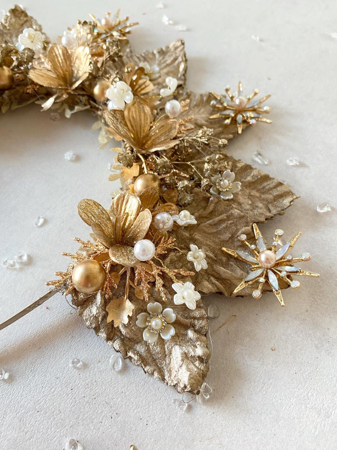 Gold Halo Crown: Luxury Bridal Headpiece, Couture Wedding – handmade floral hair accessory by magaela