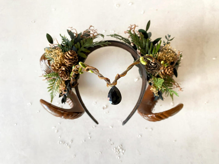 Woodland Horns Crown: Pagan Tiara Headband for Halloween – handmade floral hair accessory by magaela