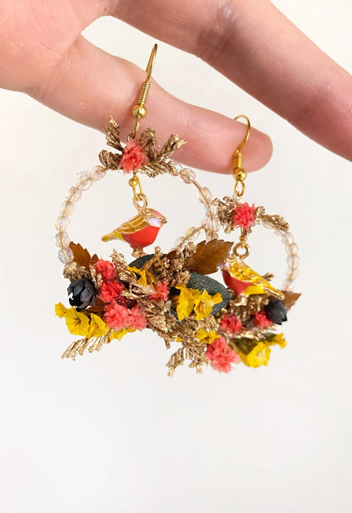 Autumn Bird Flower Circle Earrings: Handmade Beaded Jewelry – handmade floral hair accessory by magaela