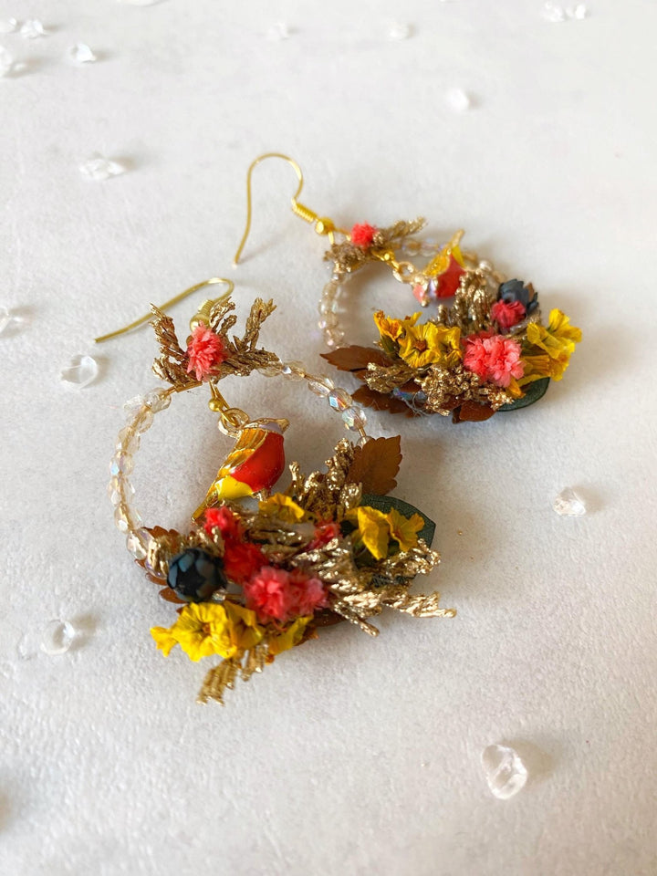Autumn Bird Flower Circle Earrings: Handmade Beaded Jewelry – handmade floral hair accessory by magaela