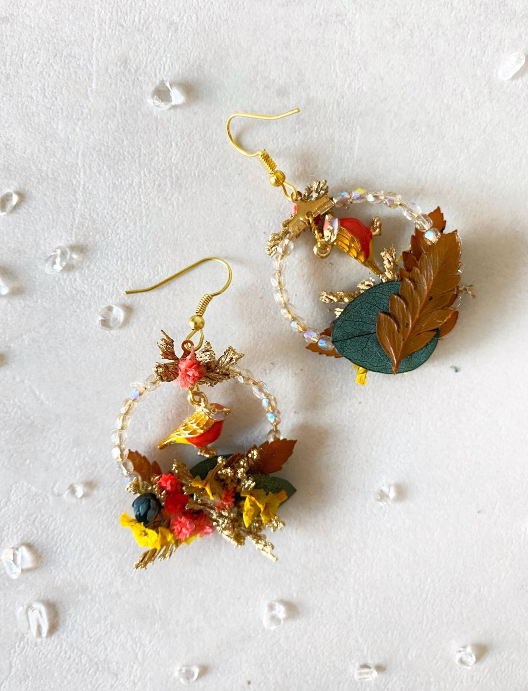 Autumn Bird Flower Circle Earrings: Handmade Beaded Jewelry – handmade floral hair accessory by magaela