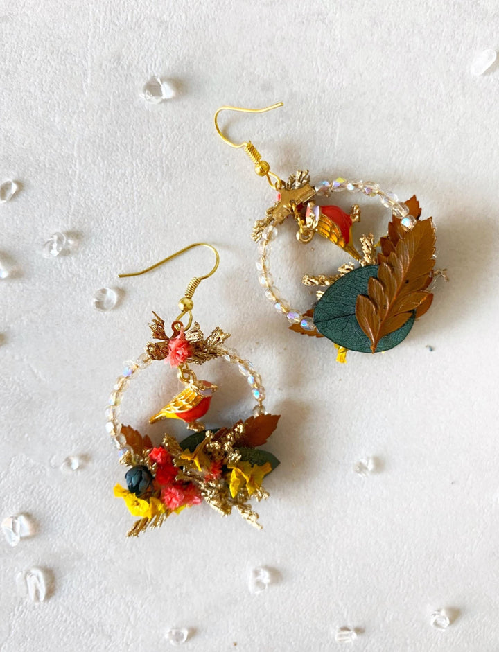 Autumn Bird Flower Circle Earrings: Handmade Beaded Jewelry – handmade floral hair accessory by magaela