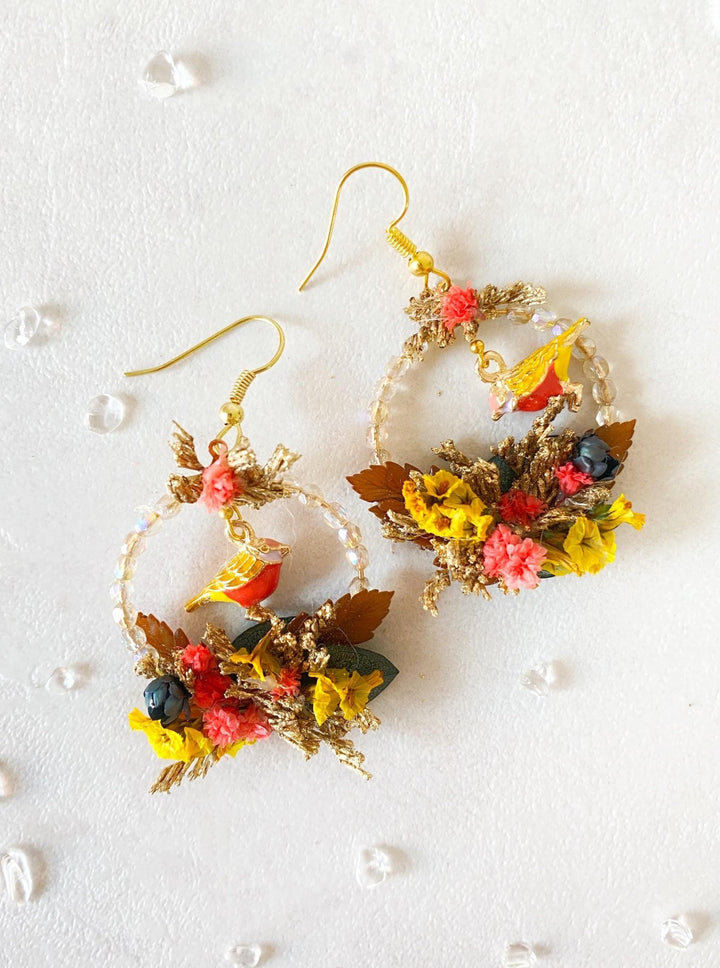Autumn Bird Flower Circle Earrings: Handmade Beaded Jewelry – handmade floral hair accessory by magaela
