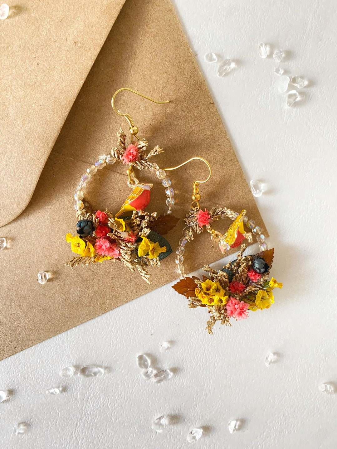 Autumn Bird Flower Circle Earrings: Handmade Beaded Jewelry – handmade floral hair accessory by magaela