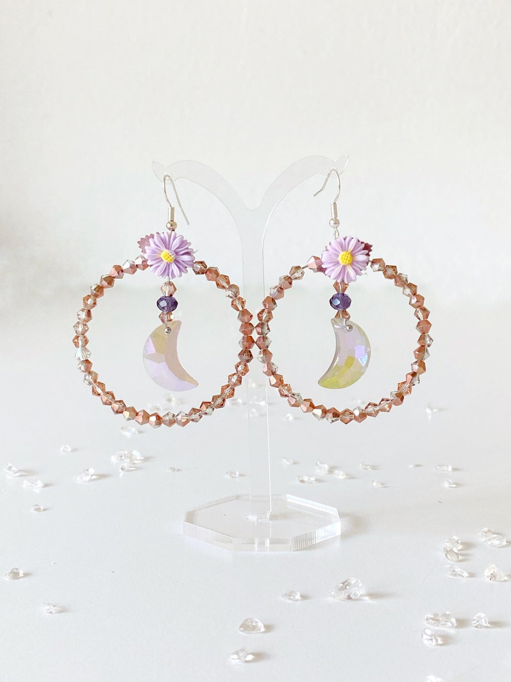 Pale Purple Moon Earrings: Beaded Cottagecore Jewelry – handmade floral hair accessory by magaela