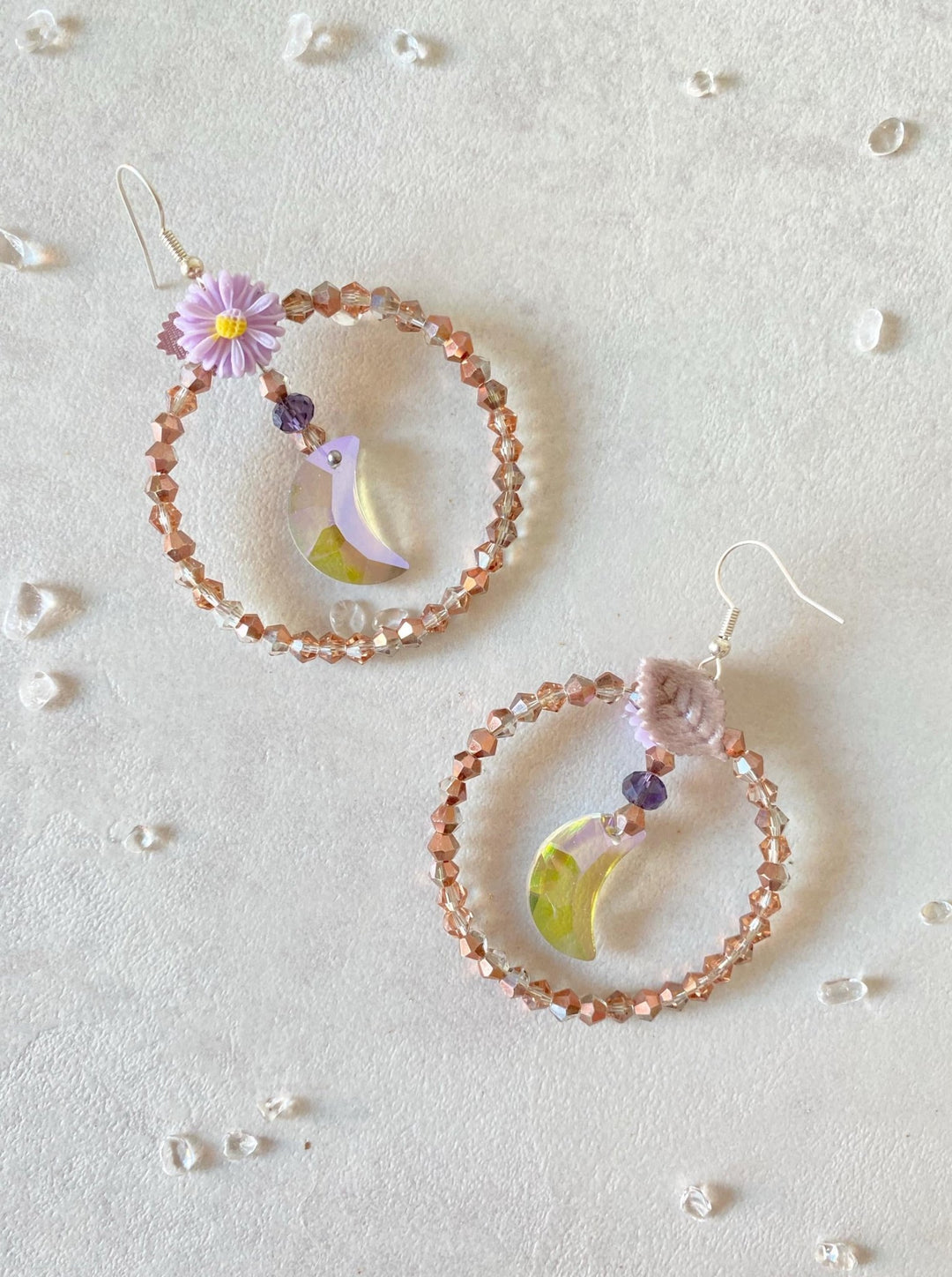Pale Purple Moon Earrings: Beaded Cottagecore Jewelry – handmade floral hair accessory by magaela