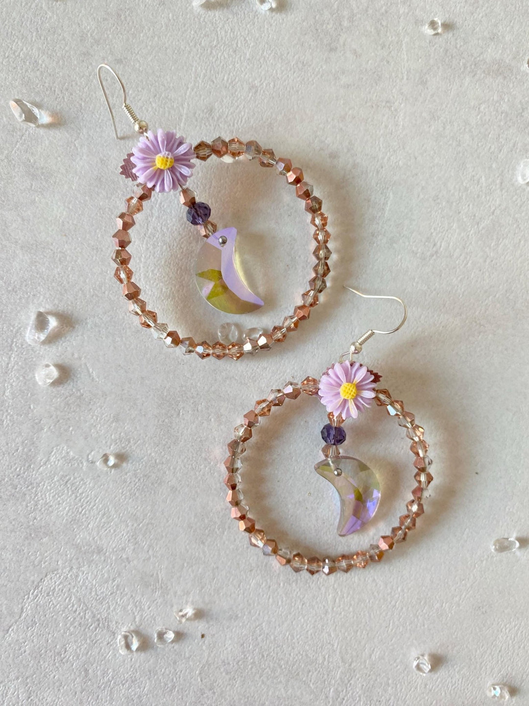Pale Purple Moon Earrings: Beaded Cottagecore Jewelry – handmade floral hair accessory by magaela