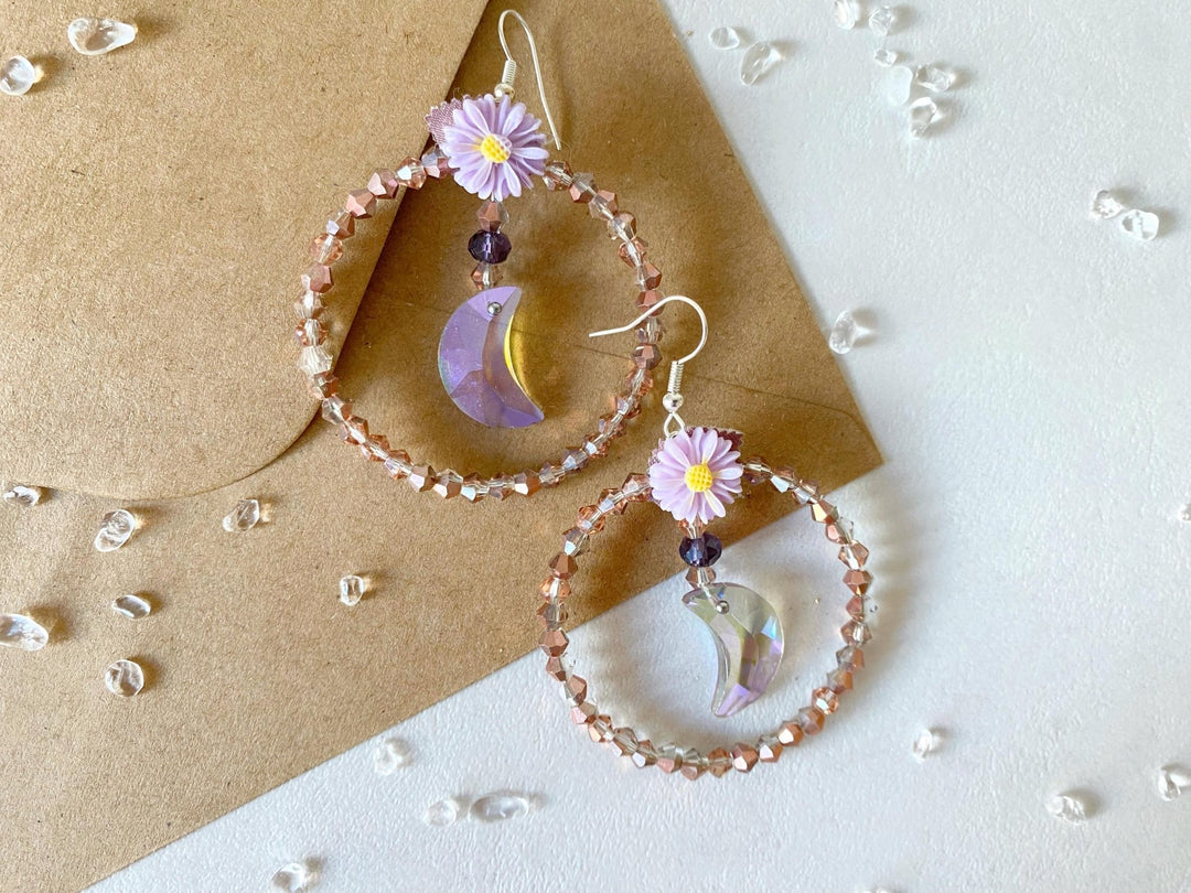Pale Purple Moon Earrings: Beaded Cottagecore Jewelry – handmade floral hair accessory by magaela