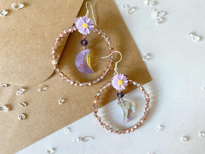 Pale Purple Moon Earrings: Beaded Cottagecore Jewelry – handmade floral hair accessory by magaela