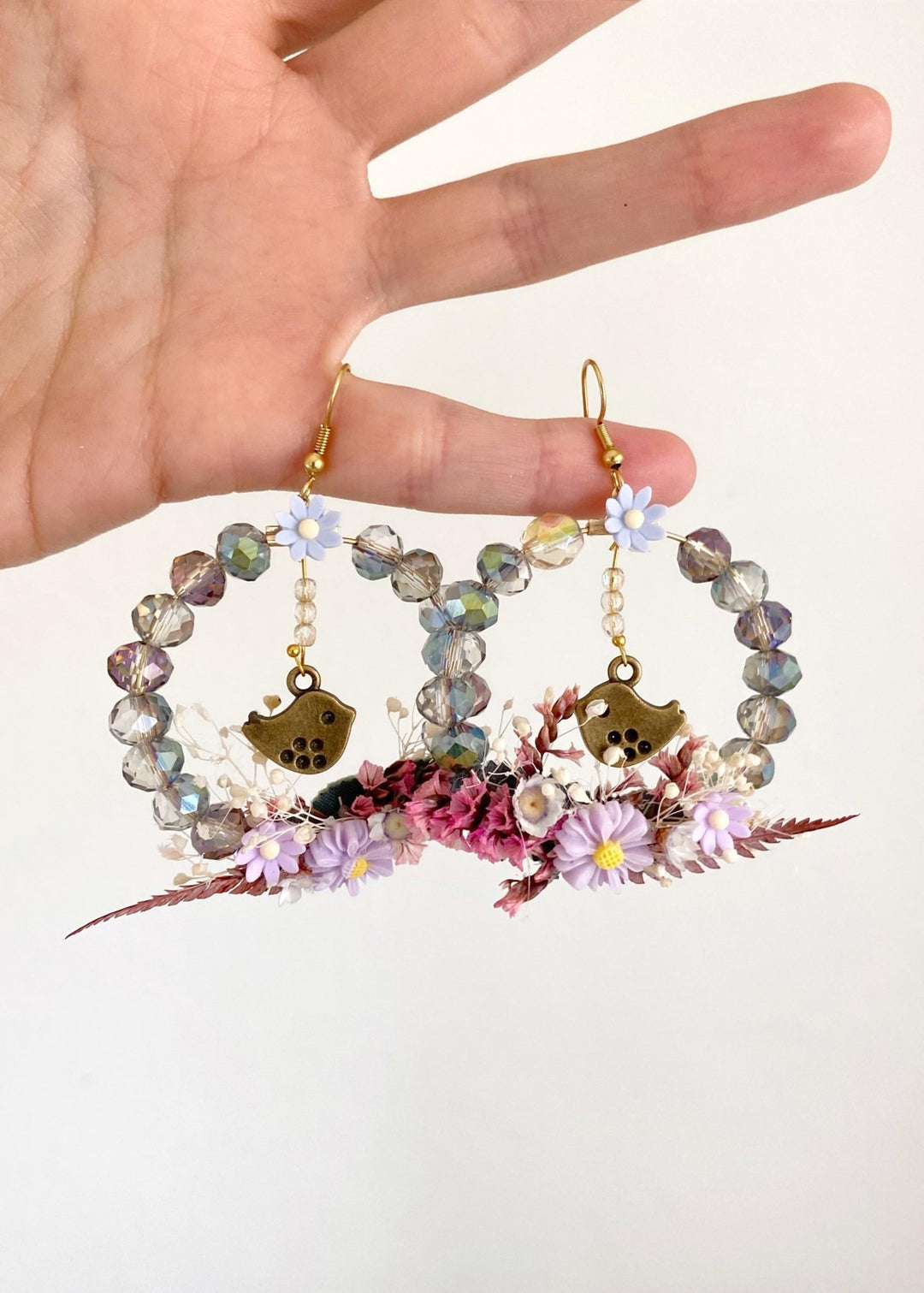 Pastel Bird Circle Earrings: Handmade Beaded Cottagecore Jewelry – handmade floral hair accessory by magaela