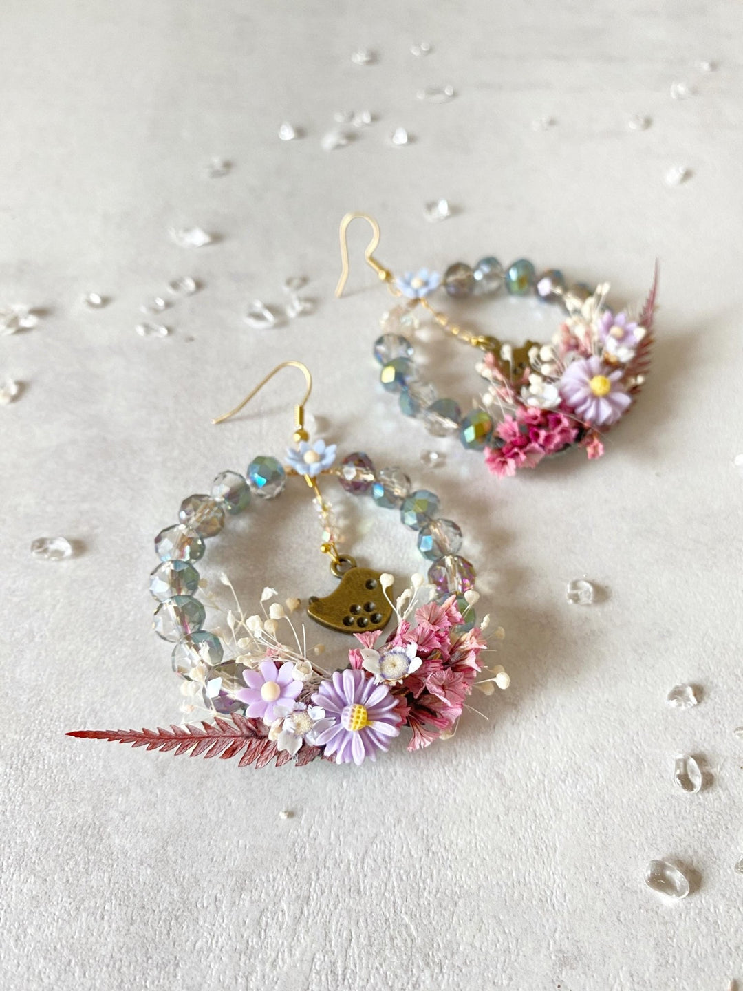 Pastel Bird Circle Earrings: Handmade Beaded Cottagecore Jewelry – handmade floral hair accessory by magaela
