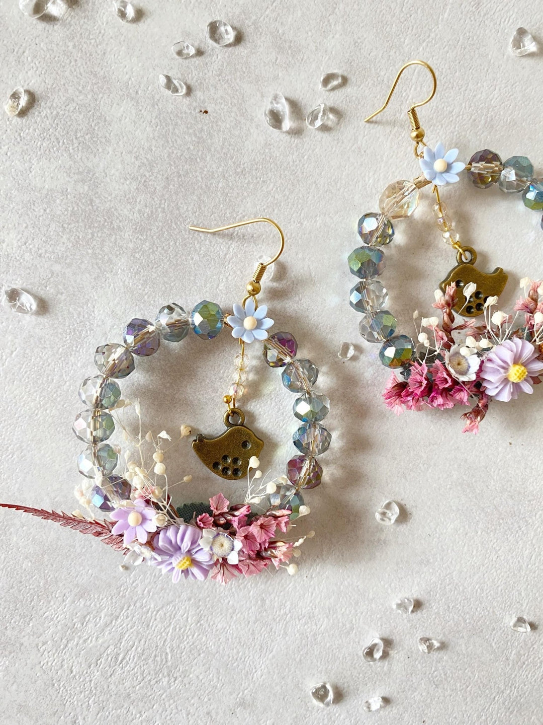 Pastel Bird Circle Earrings: Handmade Beaded Cottagecore Jewelry – handmade floral hair accessory by magaela