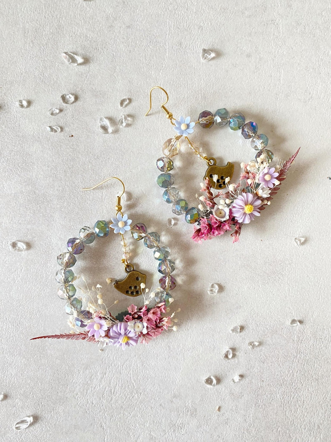 Pastel Bird Circle Earrings: Handmade Beaded Cottagecore Jewelry – handmade floral hair accessory by magaela