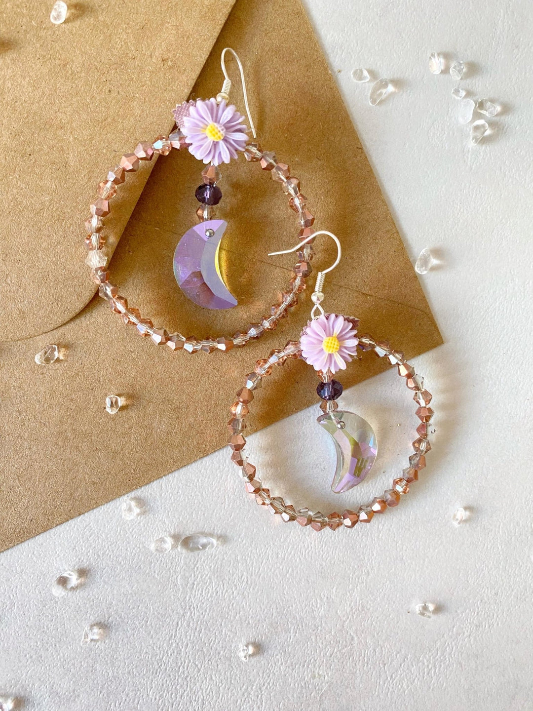 Pale Purple Moon Earrings: Beaded Cottagecore Jewelry – handmade floral hair accessory by magaela