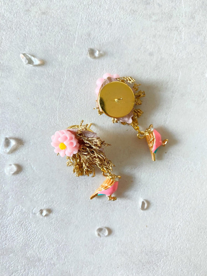 Gold Pink Flower Stud Earrings: Bird Accent, Romantic Wedding – handmade floral hair accessory by magaela