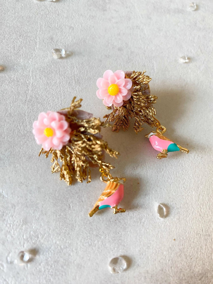 Gold Pink Flower Stud Earrings: Bird Accent, Romantic Wedding – handmade floral hair accessory by magaela