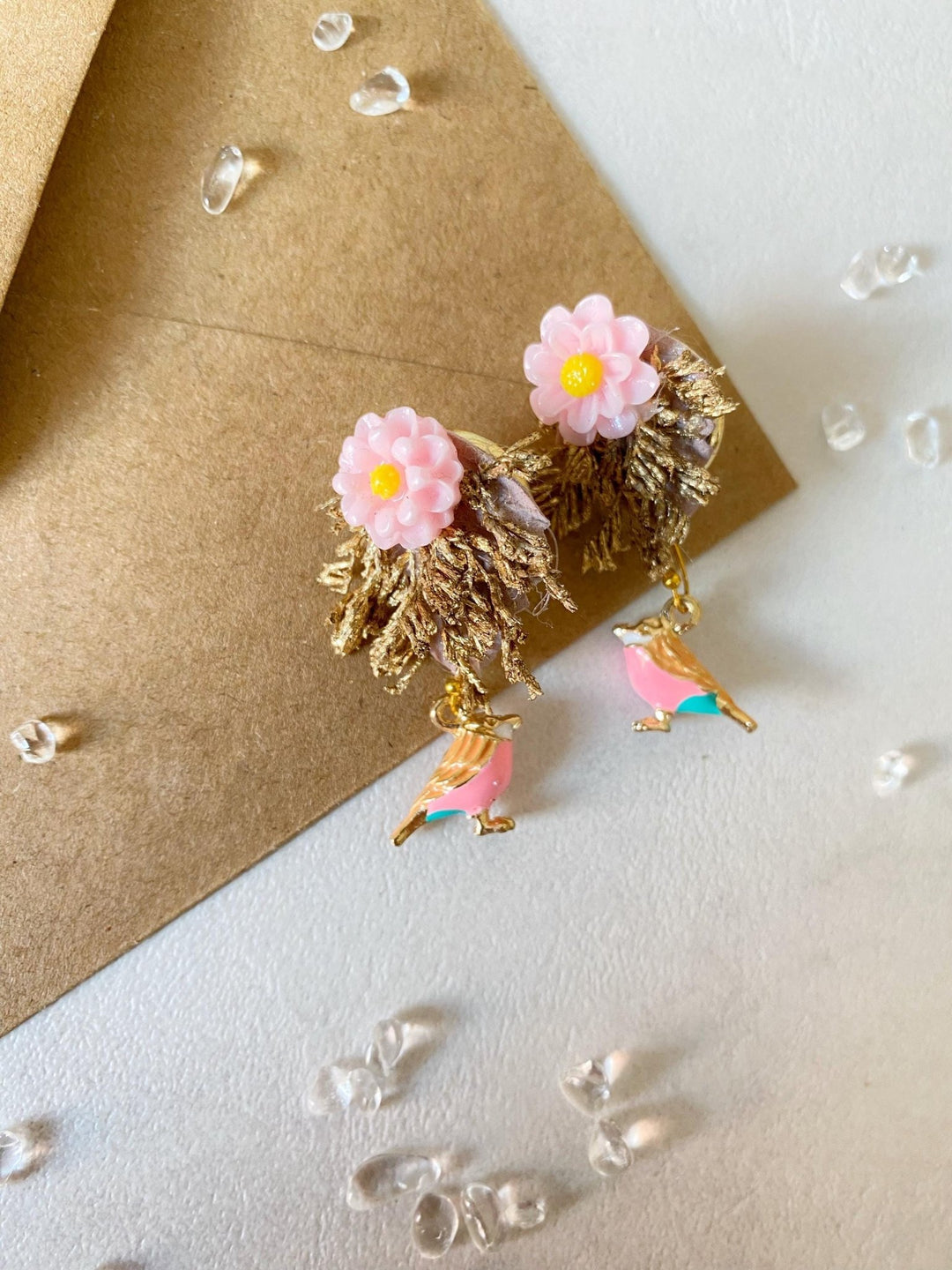 Gold Pink Flower Stud Earrings: Bird Accent, Romantic Wedding – handmade floral hair accessory by magaela