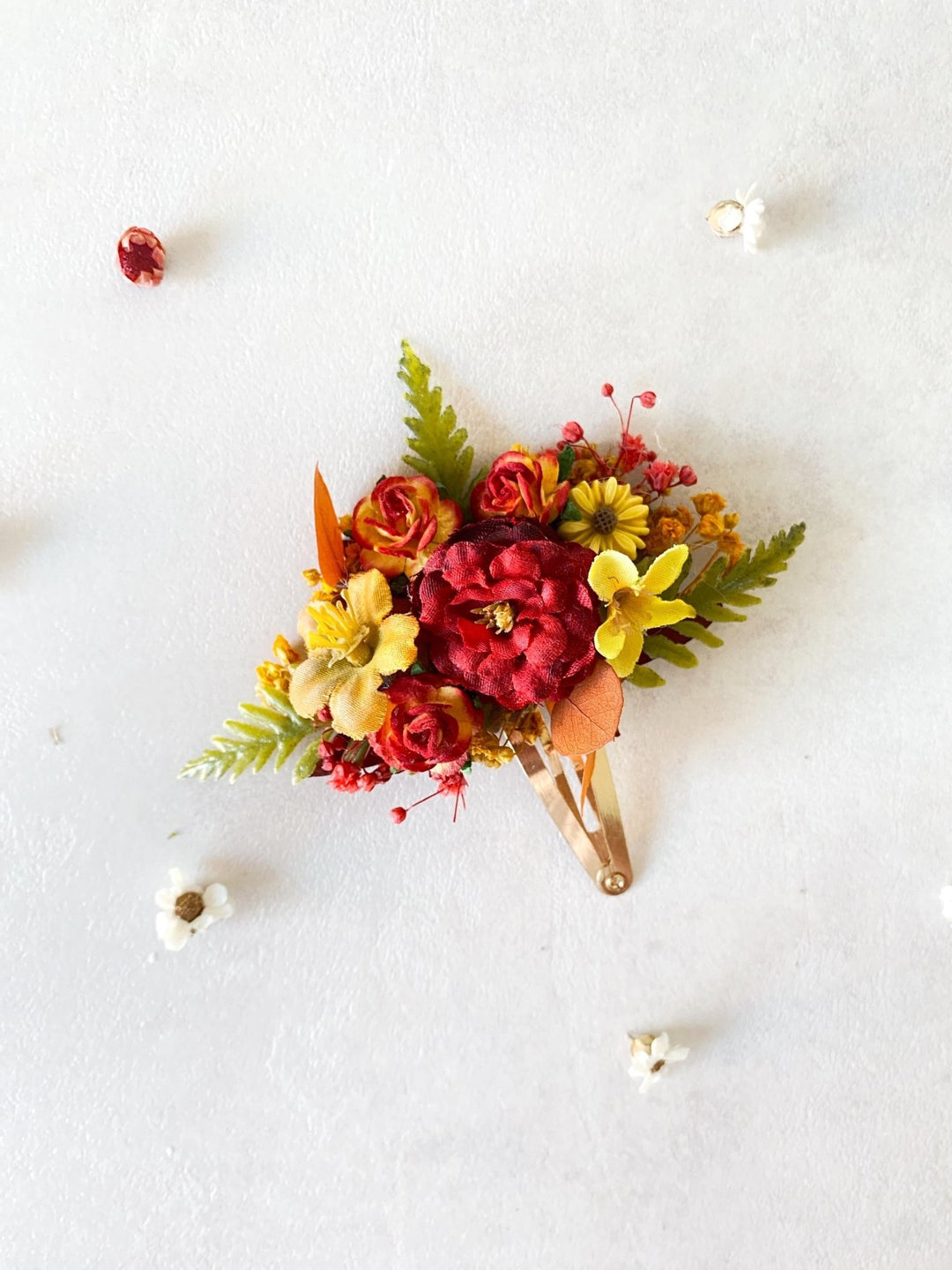 Autumn Flower Hair Clip: Red & Yellow Cottagecore Accessory – handmade floral hair accessory by magaela