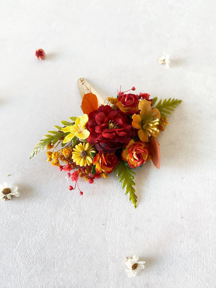 Autumn Flower Hair Clip: Red & Yellow Cottagecore Accessory – handmade floral hair accessory by magaela