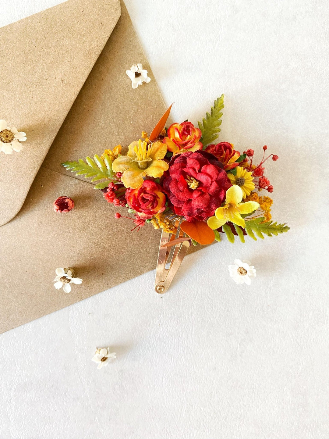 Autumn Flower Hair Clip: Red & Yellow Cottagecore Accessory – handmade floral hair accessory by magaela